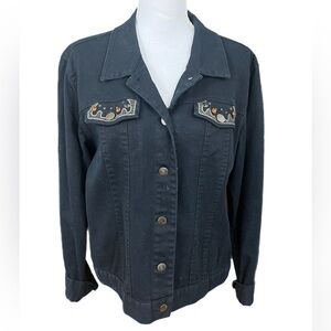 🔥🔥Jean Jacket Size XL Erin London Black Boho Embellished Embroidery